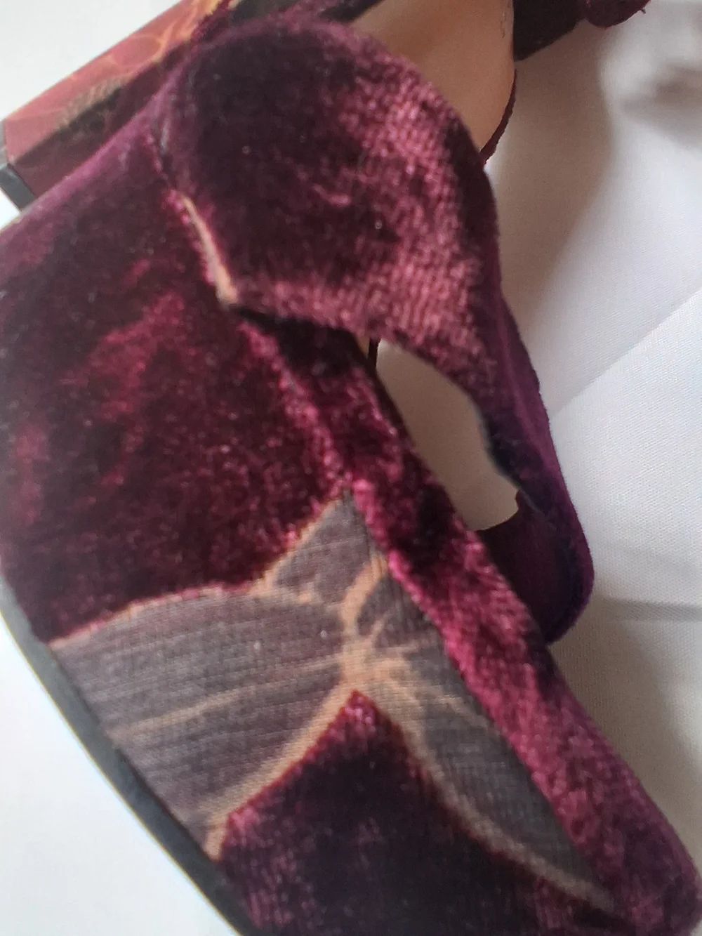 BAMBOO Burgundy Velvet Platform Block Heel Sandals with Floral Accent